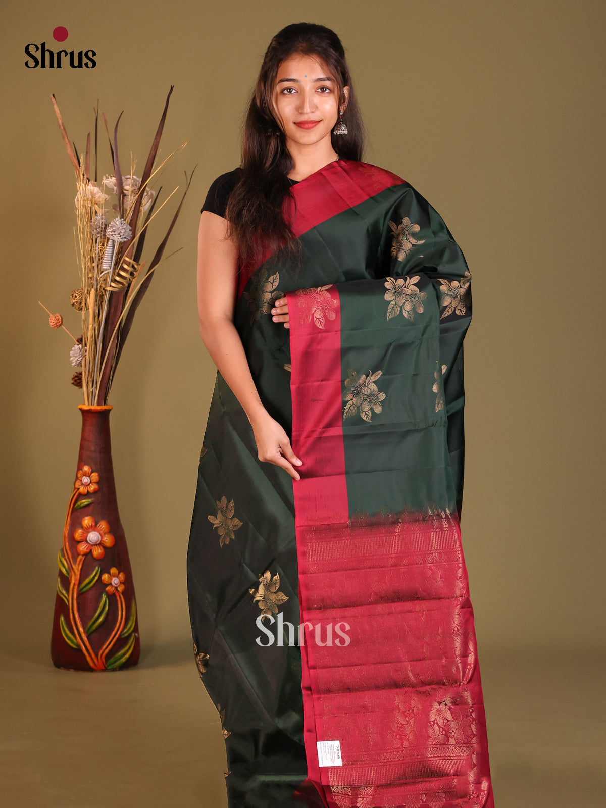 Dark Green & Maroon Softsilk-halfpure Saree with gold zari floral buttas - Shop on Shrus.com