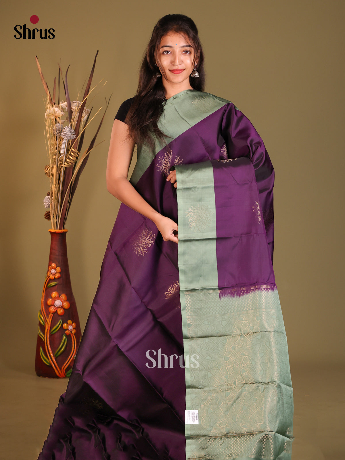Violet & Grey Green Softsilk-halfpure Saree with contrast zari brocade pallu - Shop on Shrus.com