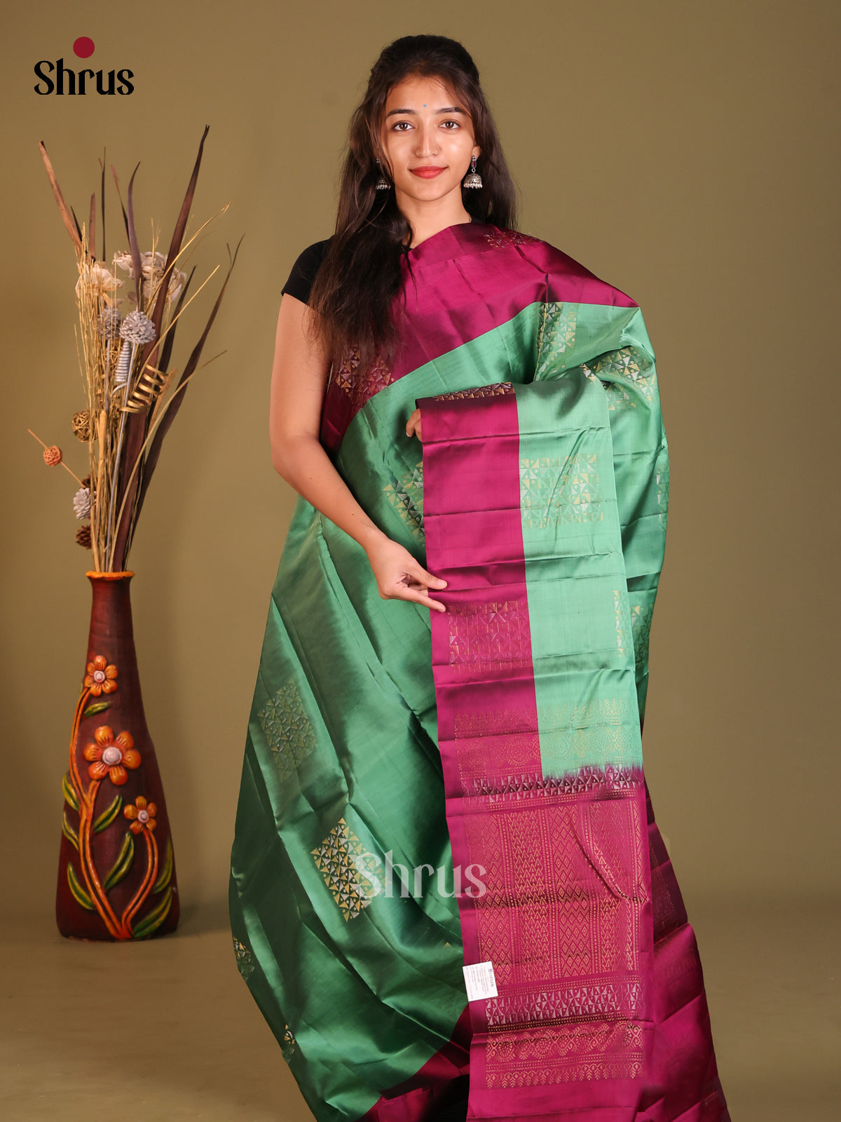 Green & Maroon Softsilk-halfpure Saree with zari floral motifs - Shop on Shrus.com