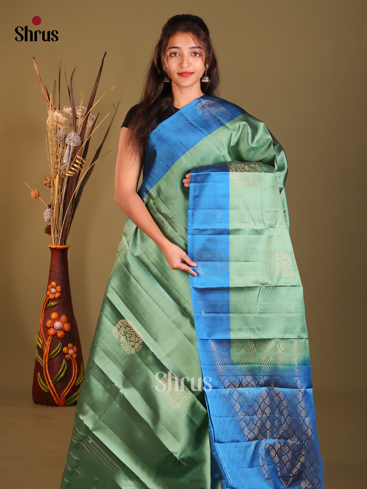 Green & Blue Softsilk-halfpure Saree with zari paisleys motifs - Shop on Shrus.com