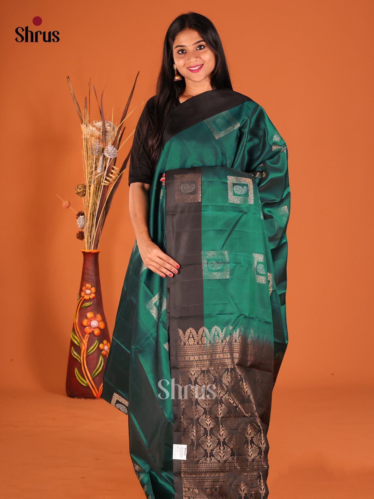 Green & Black Softsilk-halfpure Saree with zari block motifs