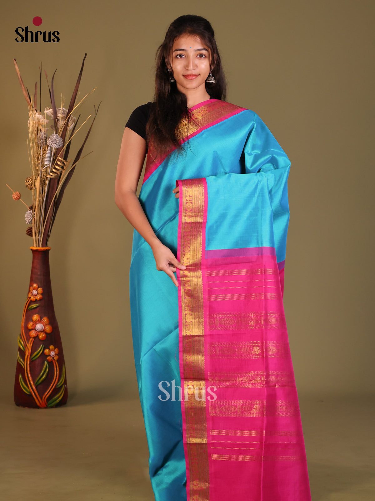 Blue & Pink Silk Cotton Korvai-Small border Saree
