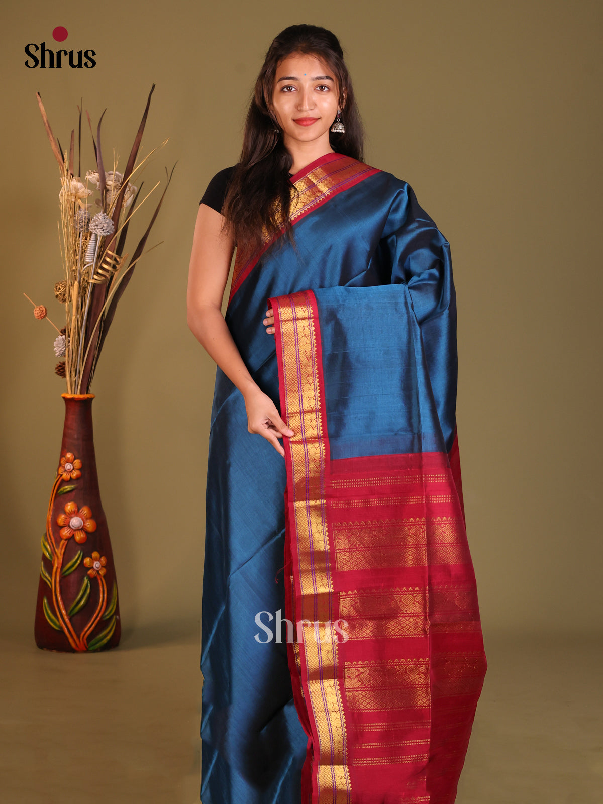 Blue & Maroon Silk Cotton Korvai-Small border Saree