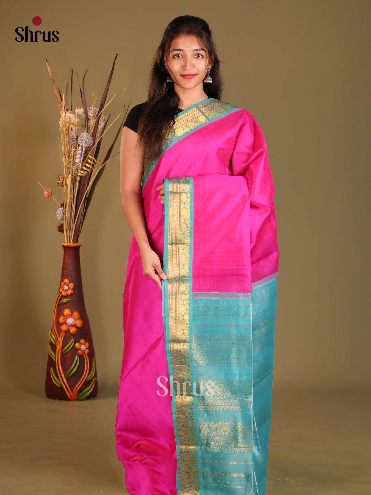Pink & Blue Silk Cotton Korvai-Small border Saree - Shop on Shrus.com