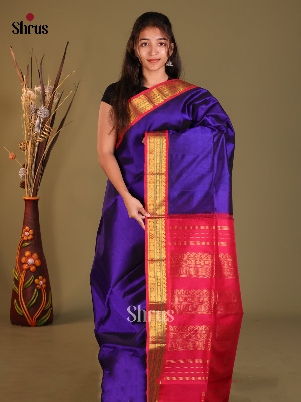 Blue & Red Silk Cotton Korvai-Small border Saree
