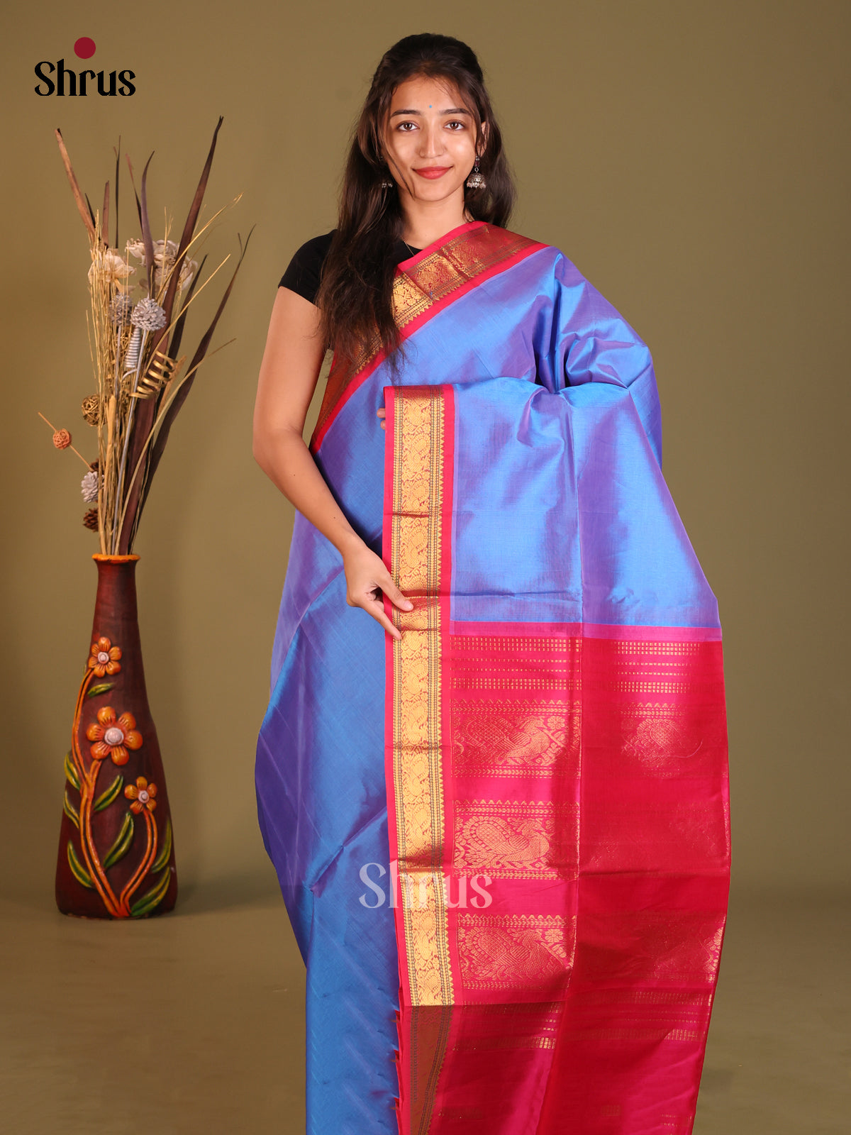Blue & Pink Silk Cotton Korvai-Small border Saree