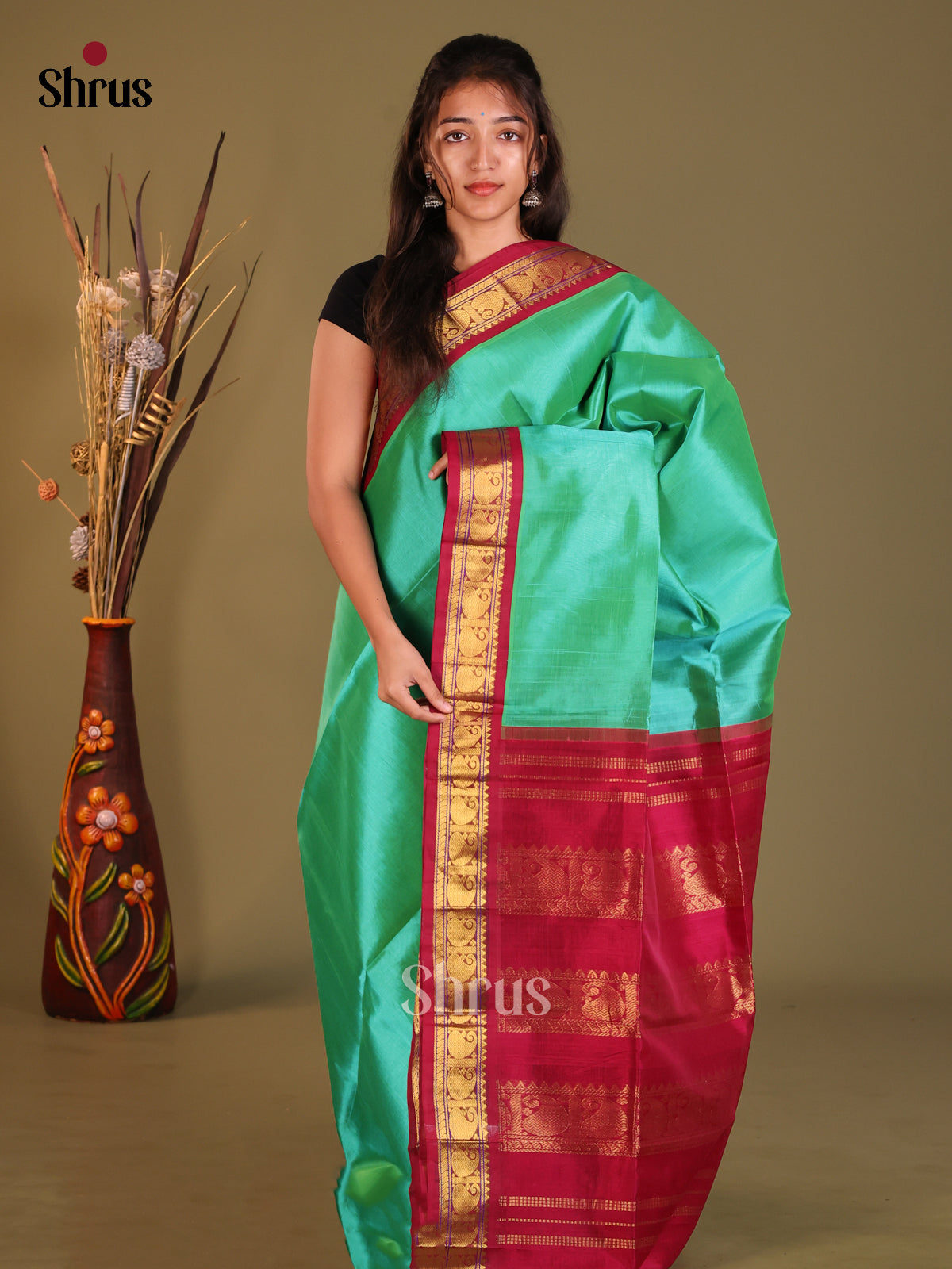 Green & Maroon Silk cotton Korvai-Small border Saree