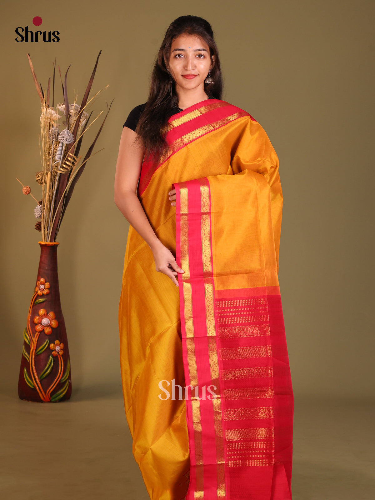 Mustard & Red SIlk Cotton Korvai-Small border Saree