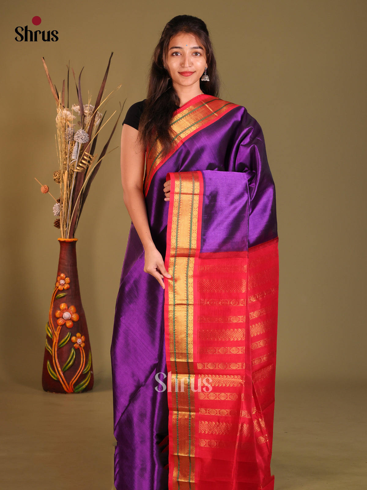 Violet & Maroon Silk Cotton Korvai-Small border Saree
