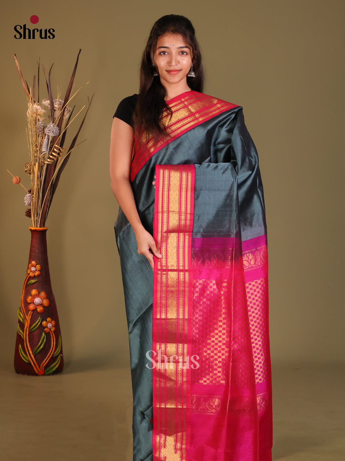 Peacock Green & Pink Silk Cotton Korvai-Small border Saree