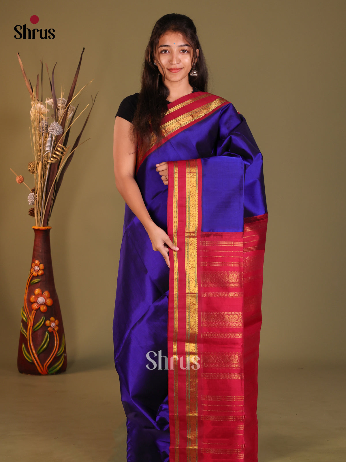 Blue & Maroon Silk Cotton Korvai-Small border Saree