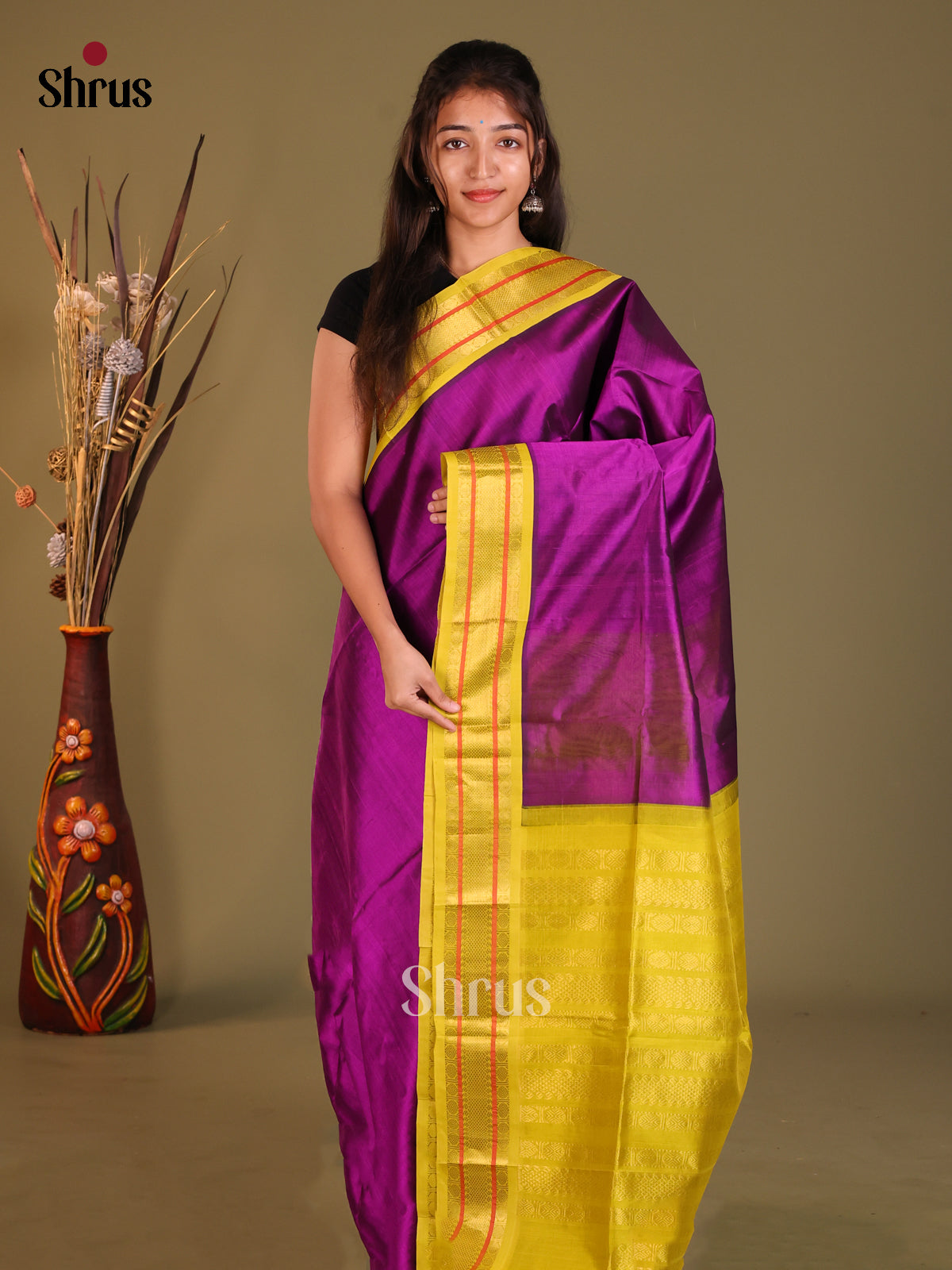 Purple & Mustardy Green Silk Cotton Korvai-Small border Saree