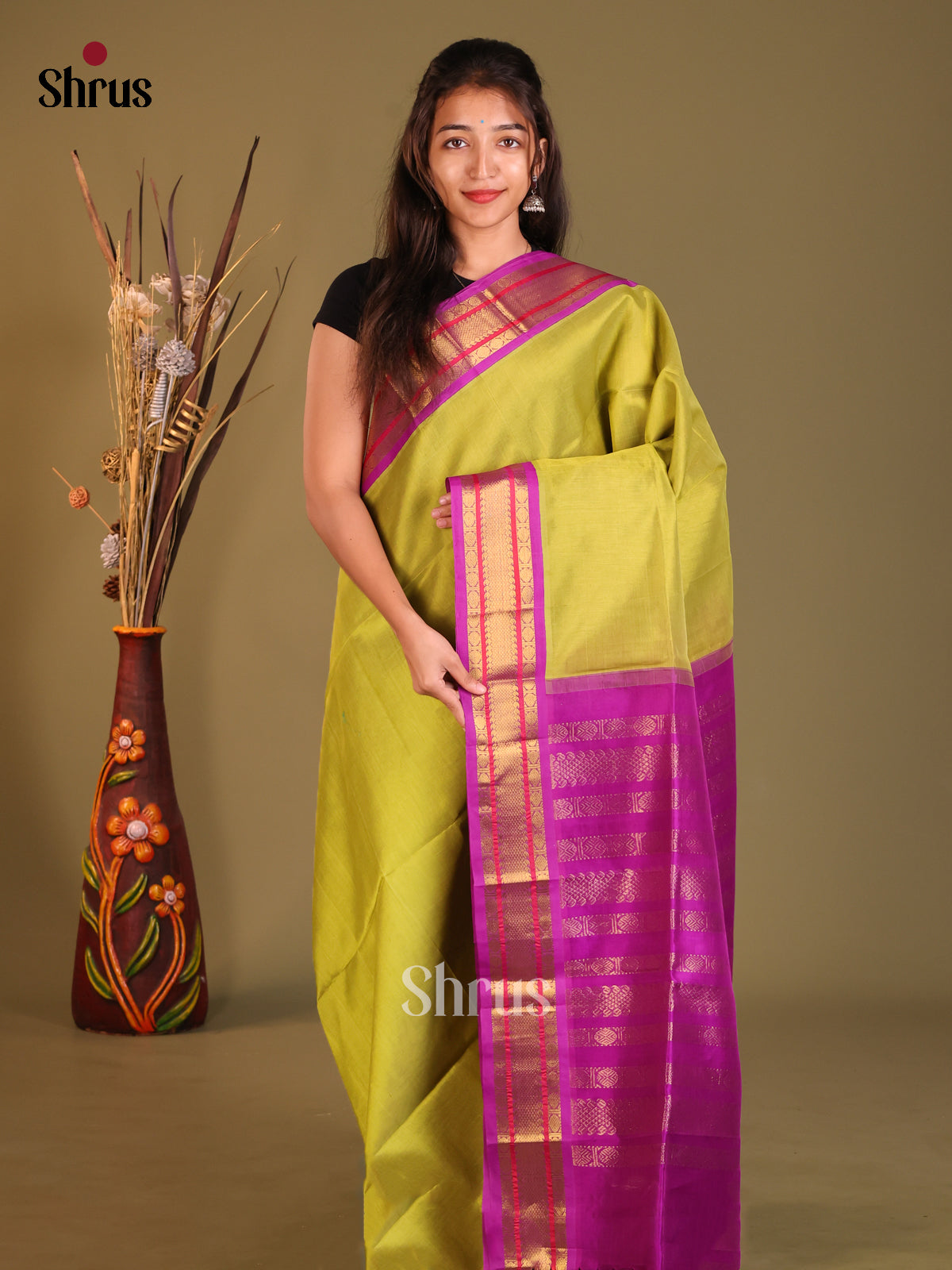 Green & Majenta korvai Silk Cotton Korvai-Small border Saree