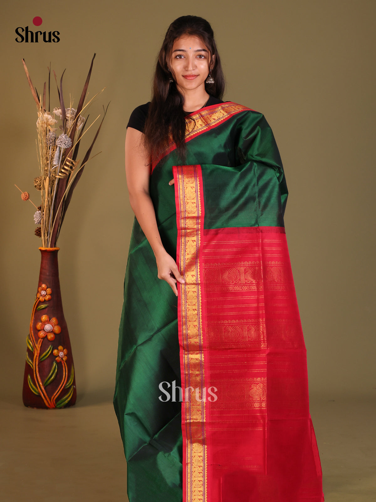 Green & Red Silk Cotton Korvai-Small border Saree
