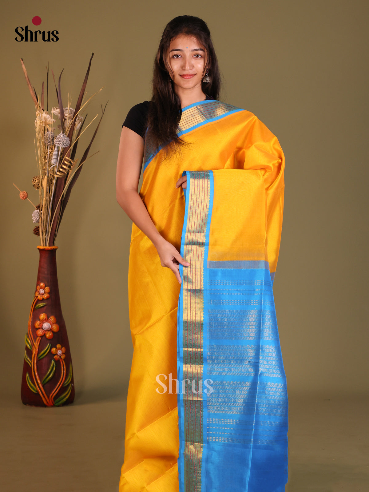 Yellow & Blue Silk Cotton Saree