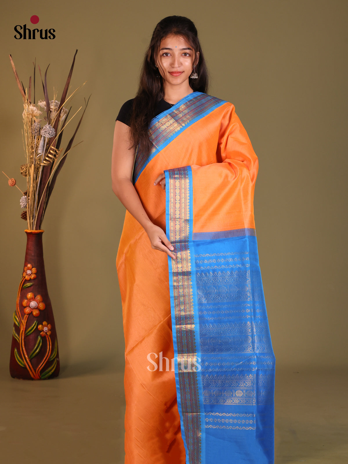 Orange & Blue Silk Cotton Korvai-Small border Saree