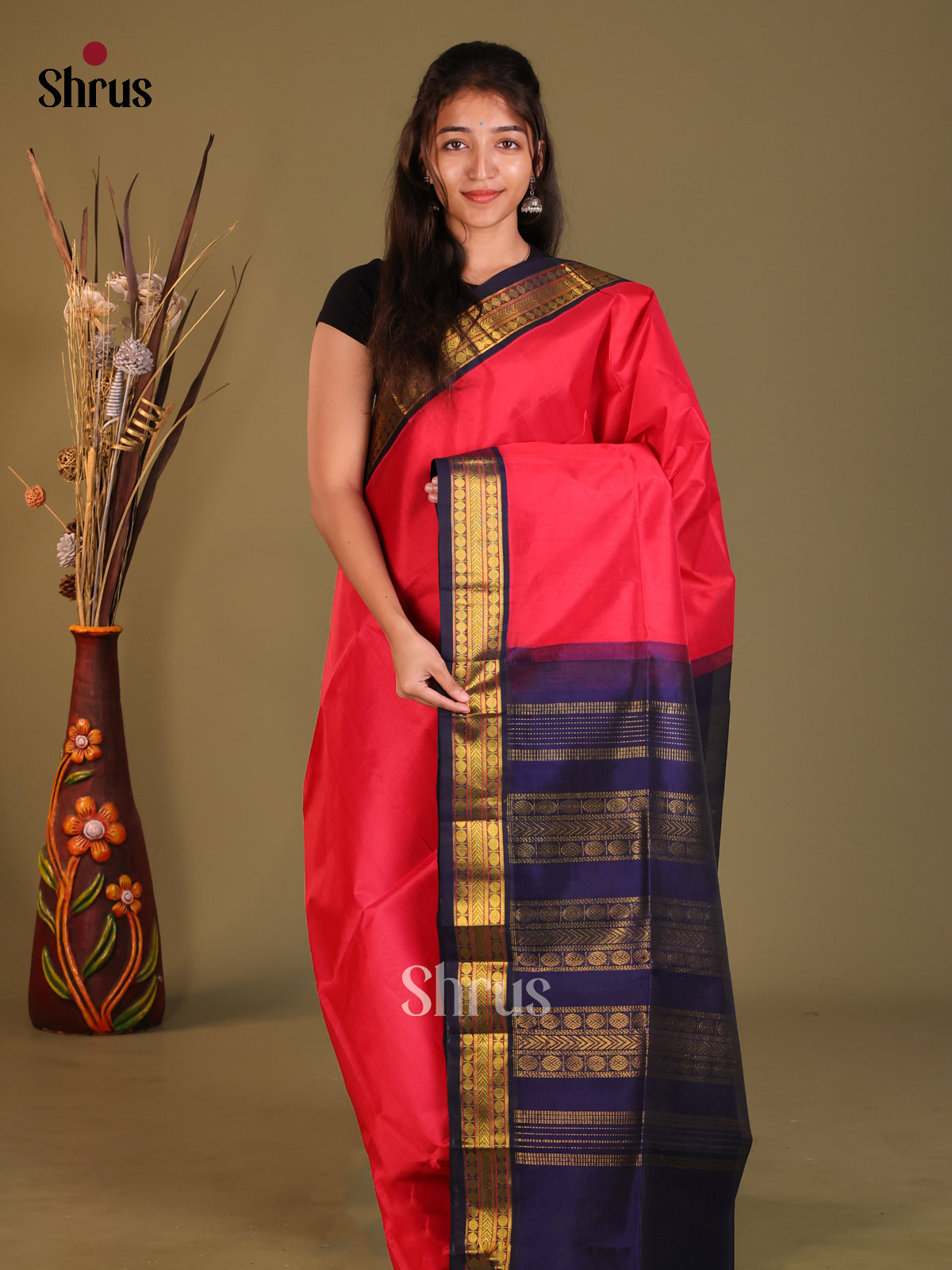 Red & Blue SIlk Cotton Korvai-Small border Saree - Shop on Shrus.com