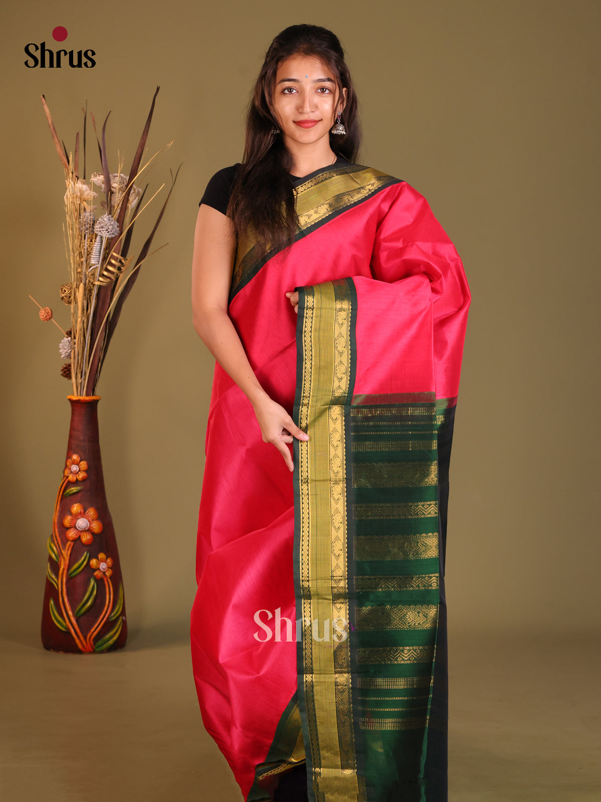 Pink & Green Silk Cotton Korvai-Small border Saree