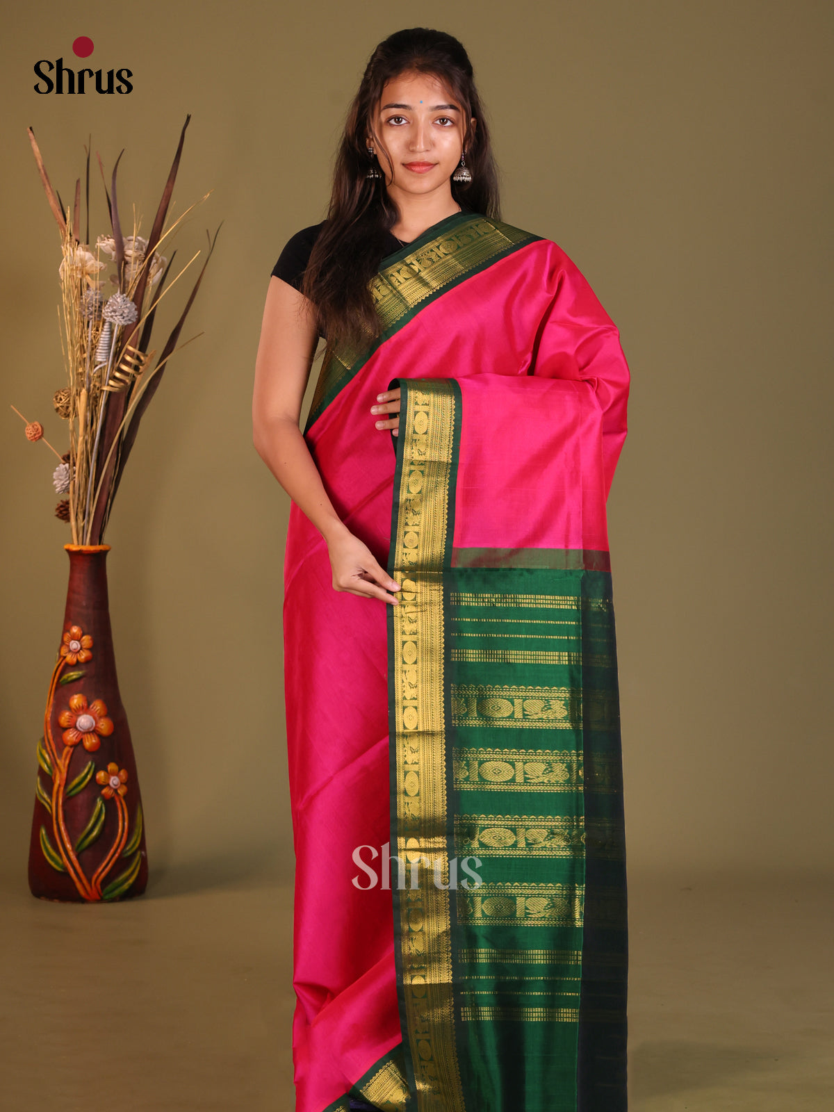 Pink & Green Silk Cotton Korvai-Small border Saree - Shop on Shrus.com