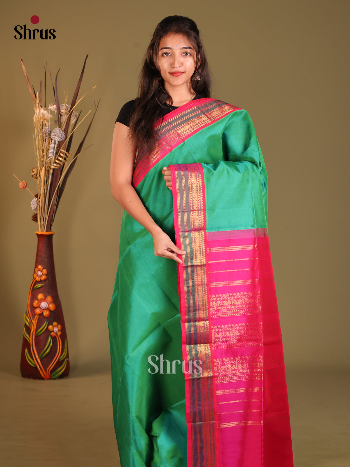 Green & Pink Silk Cotton Korvai-Small border Saree