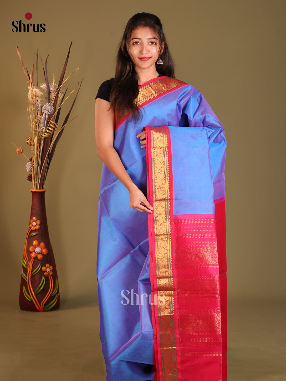 Vibrant Blue Silk Cotton Korvai-Small border Saree