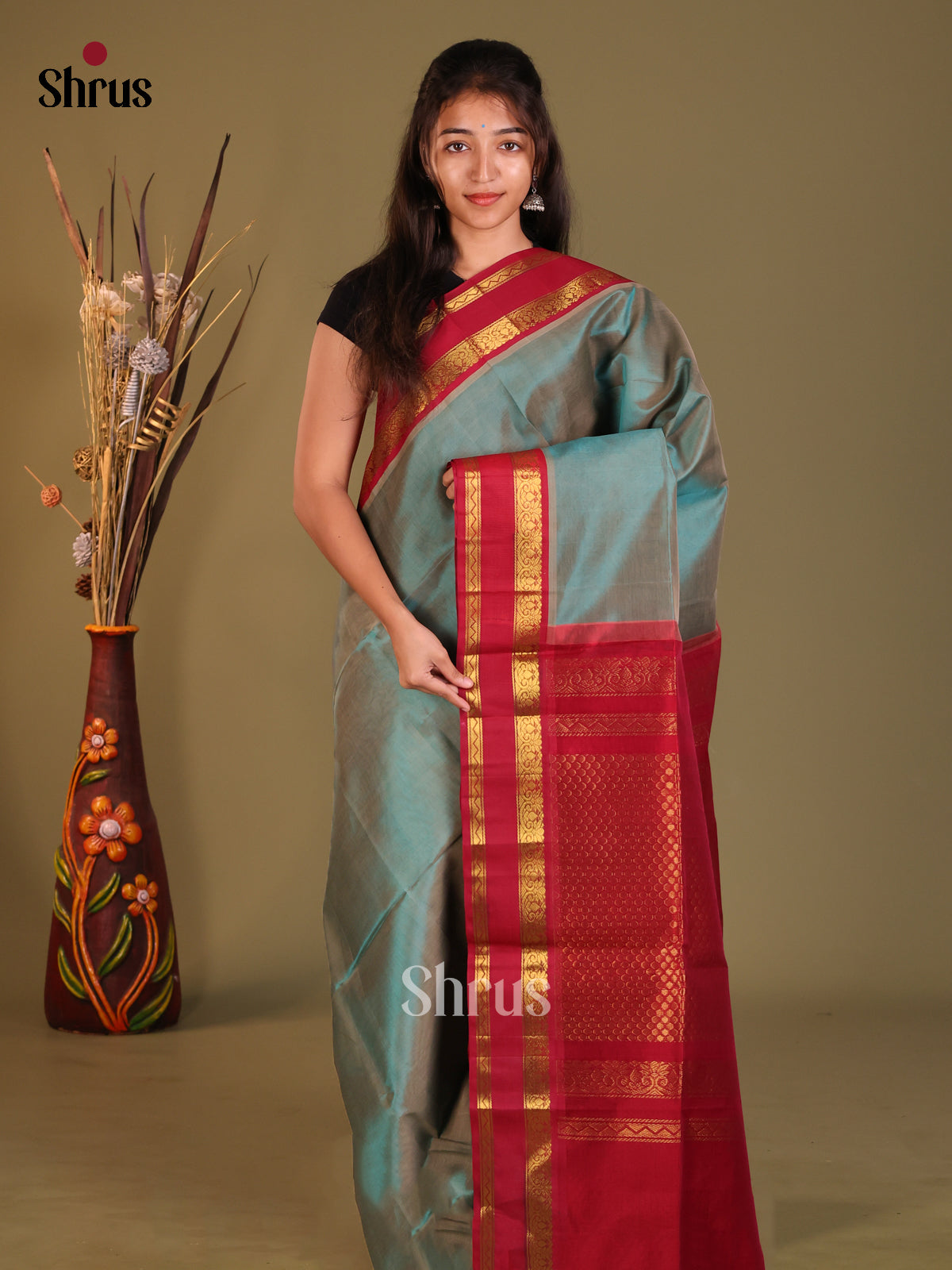 Double Shaded Greyish Blue Silk Cotton Korvai-Small border Saree - Shop on Shrus.com