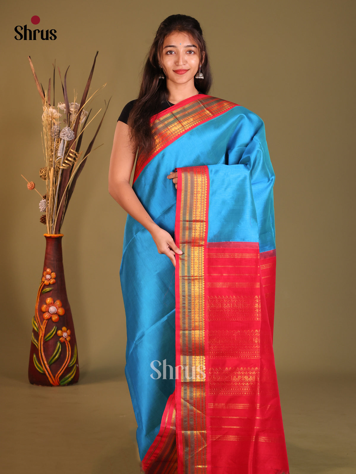 Blue & Red Silk Cotton Korvai-Small border Saree
