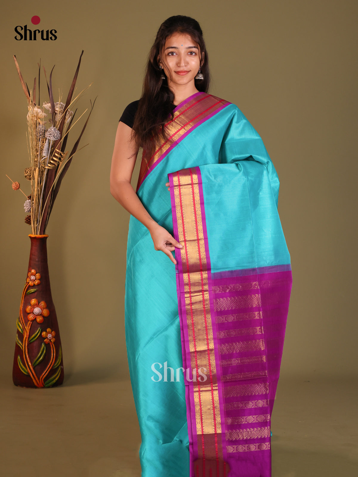 Blue & Purple Silk Cotton Korvai-Small border Saree