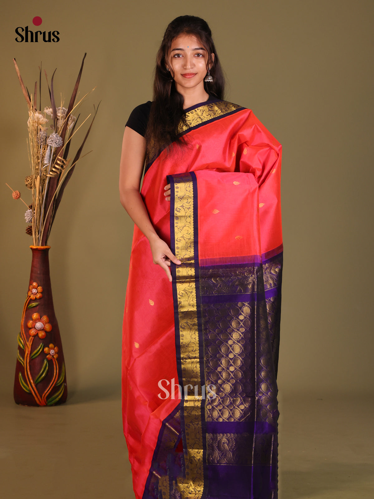 Orangish Pink & Blue Silk Cotton Korvai-Small border Saree - Shop on Shrus.com