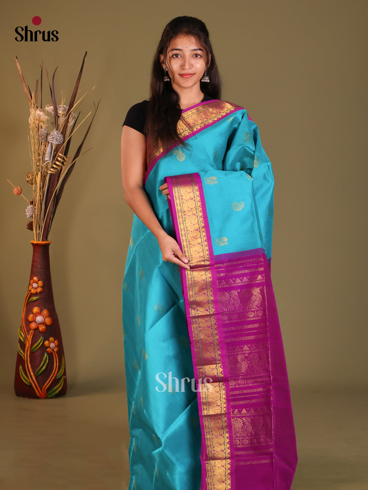 Blue & Purple Silk Cotton Korvai-Small border Saree