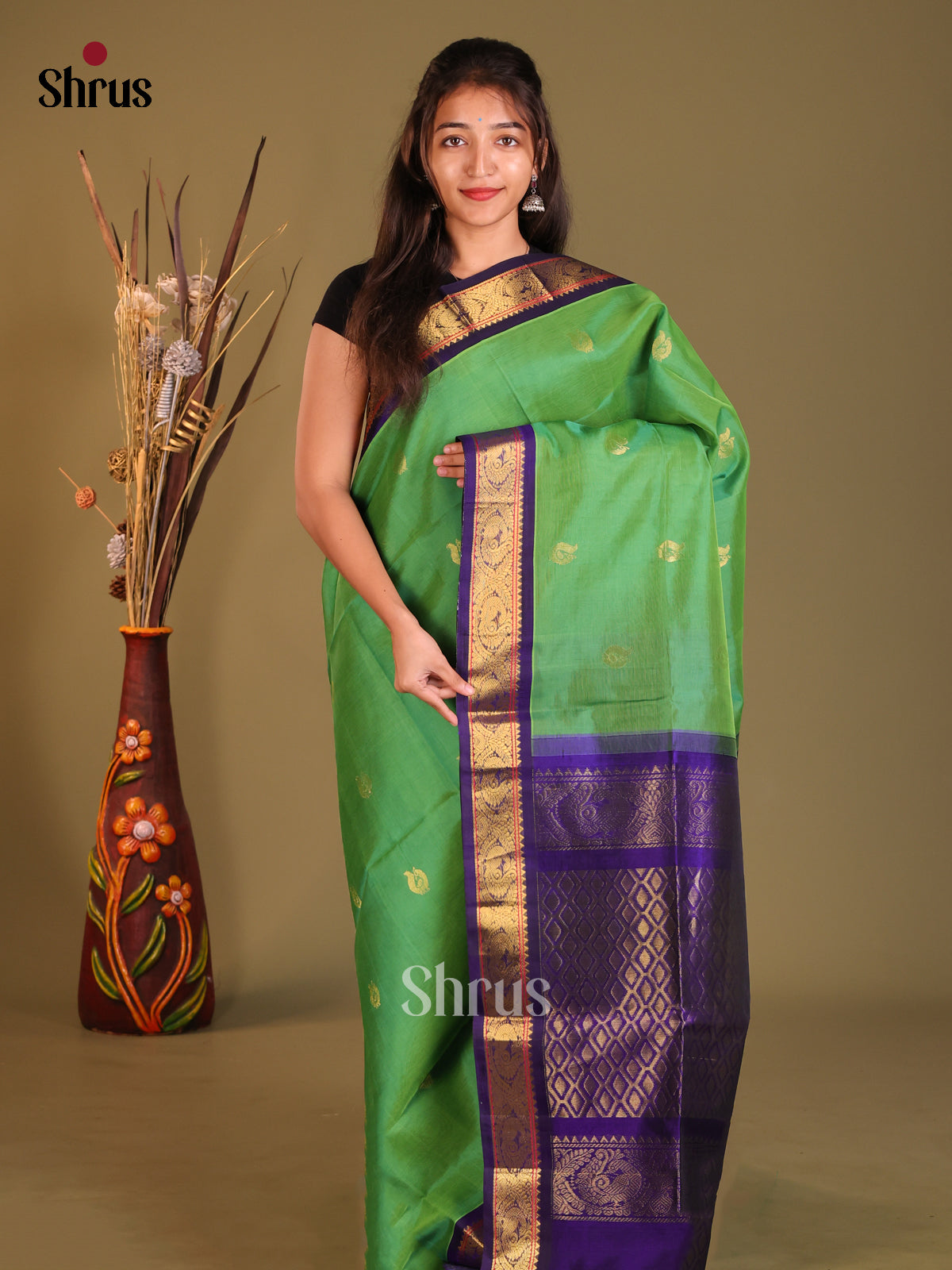 Green & Blue Silk Cotton Korvai-Small border Saree