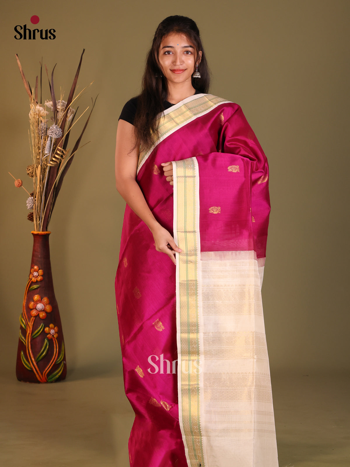 Maroon & Cream Silk Cotton Korvai-Small border Saree
