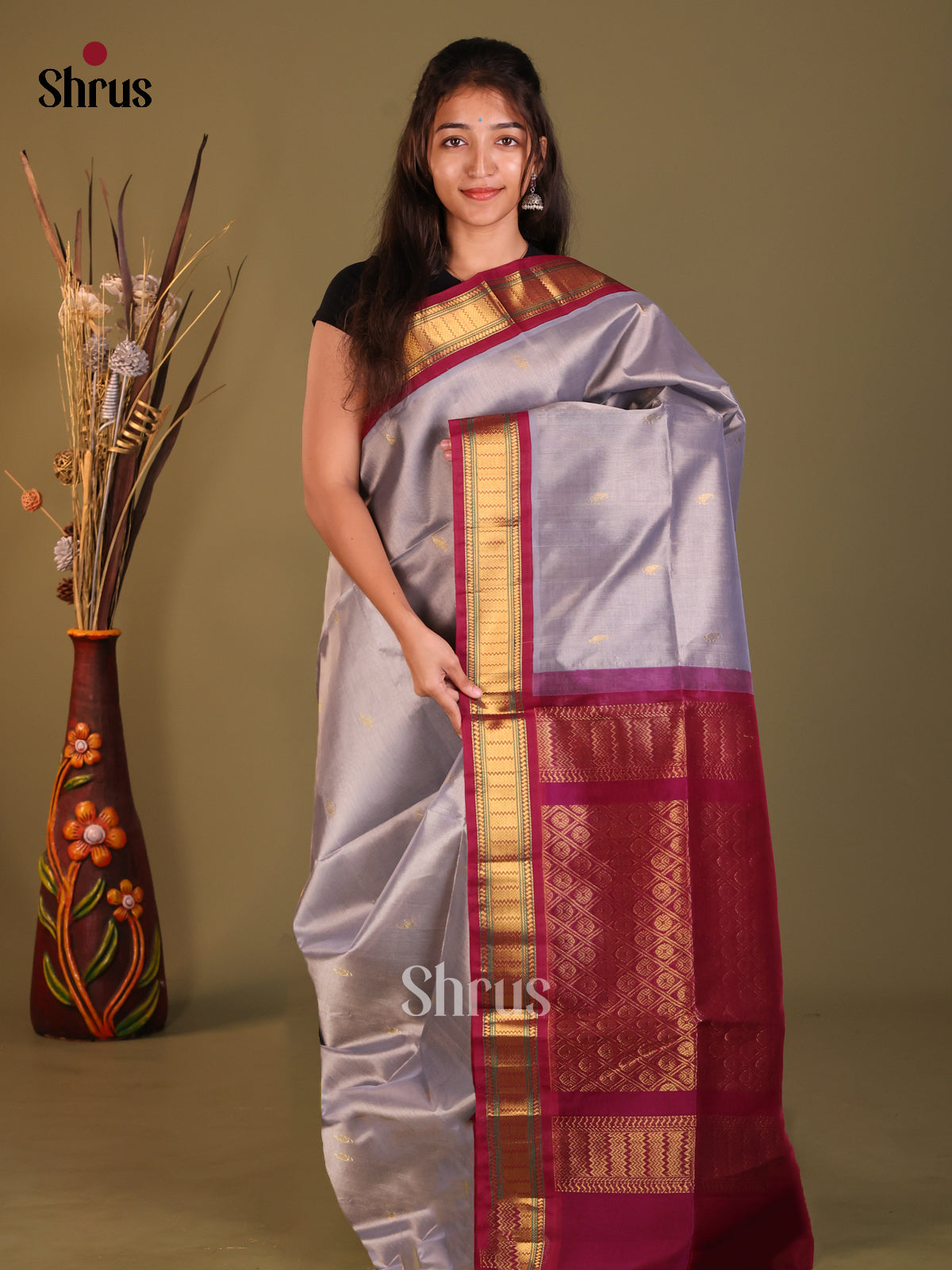Mild Purple & Maroon Silk Cotton Korvai-Small border Saree - Shop on Shrus.com