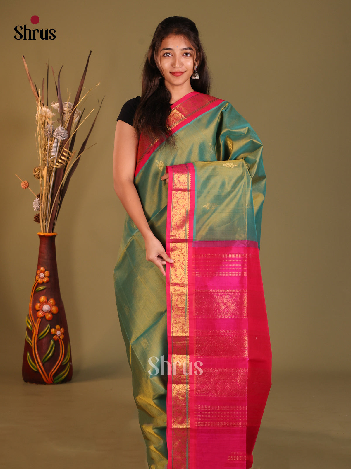 Green & Pink Silk Cotton Korvai-Small border Saree