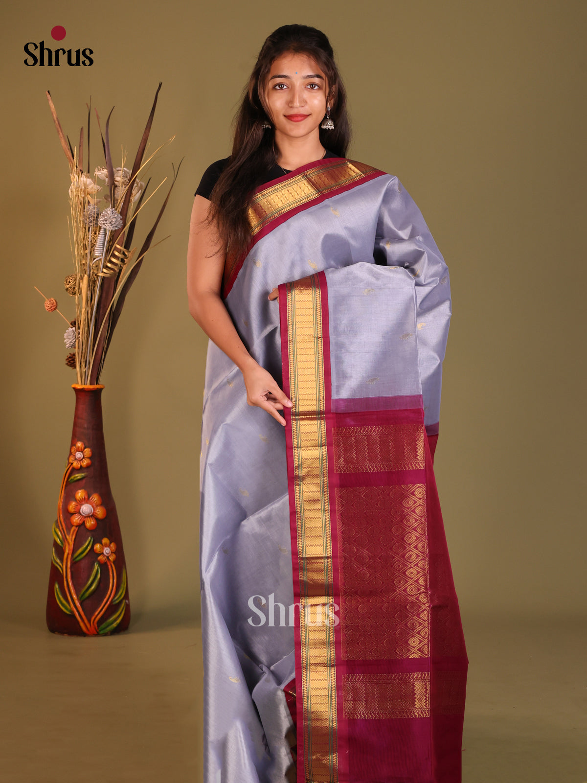 Mild Purple & Maroon Silk Cotton Korvai-Small border Saree - Shop on Shrus.com