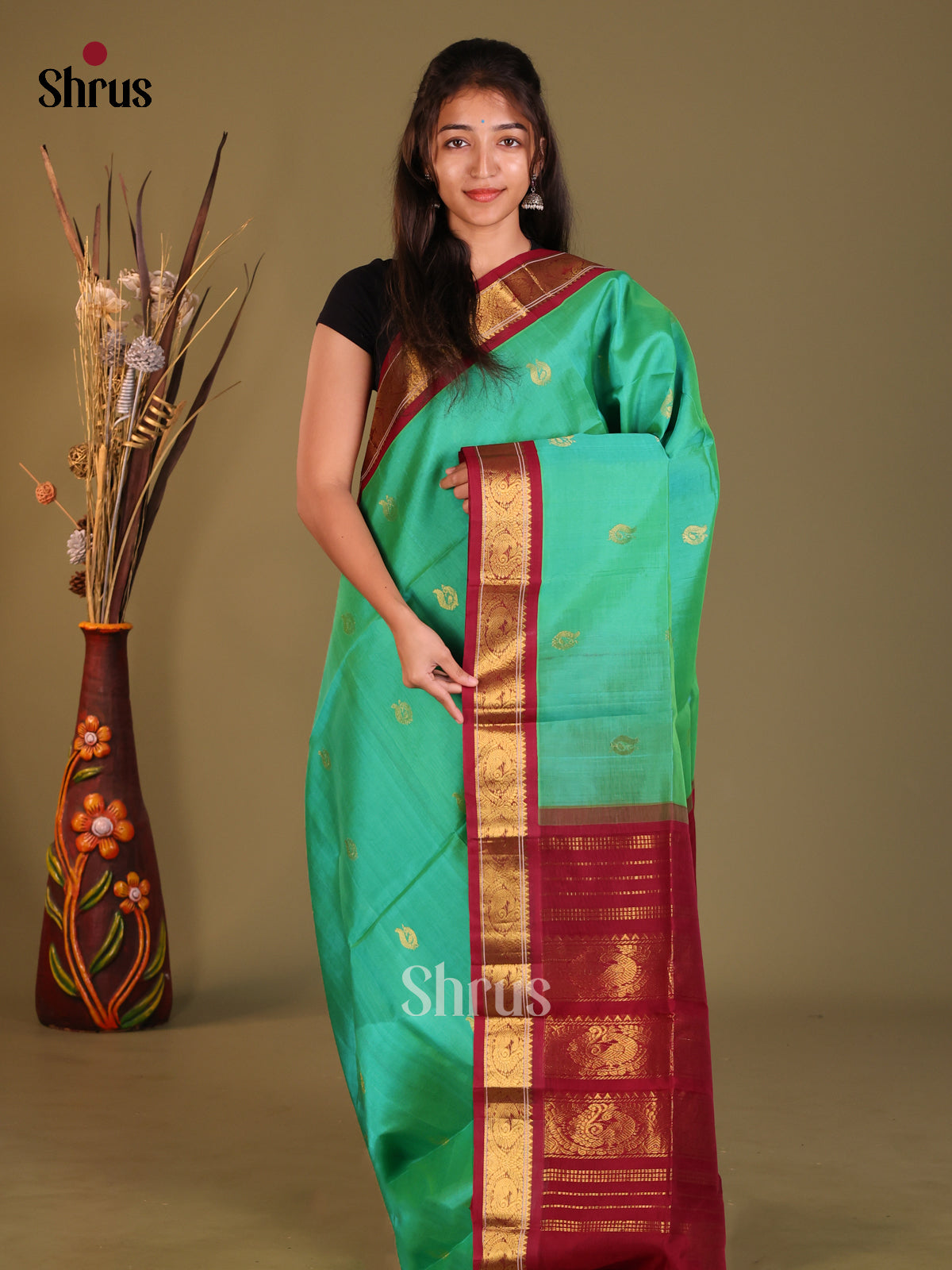 Green & Maroon Silk Cotton Korvai-Small border Saree