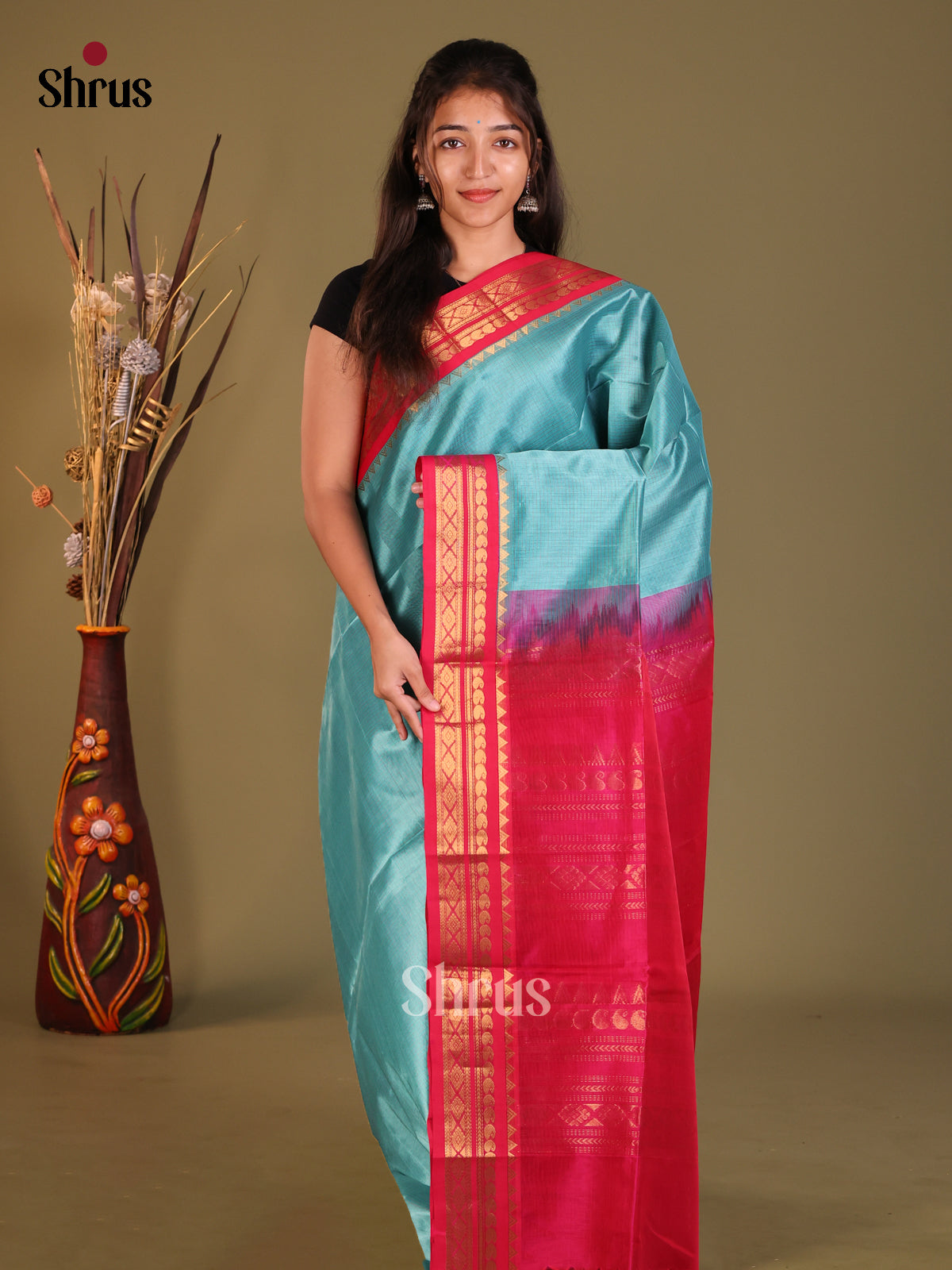 Blue & Pink Silk Cotton Korvai-kattams Saree