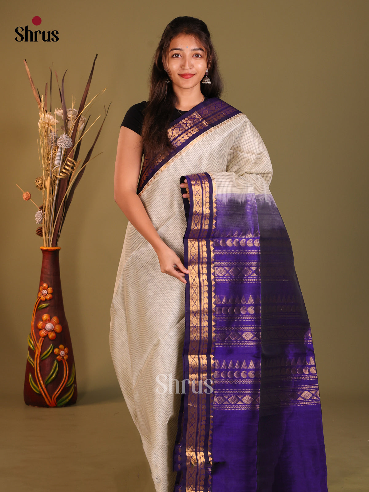 Grey & Blue Silk Cotton Korvai-kattams Saree - Shop on Shrus.com