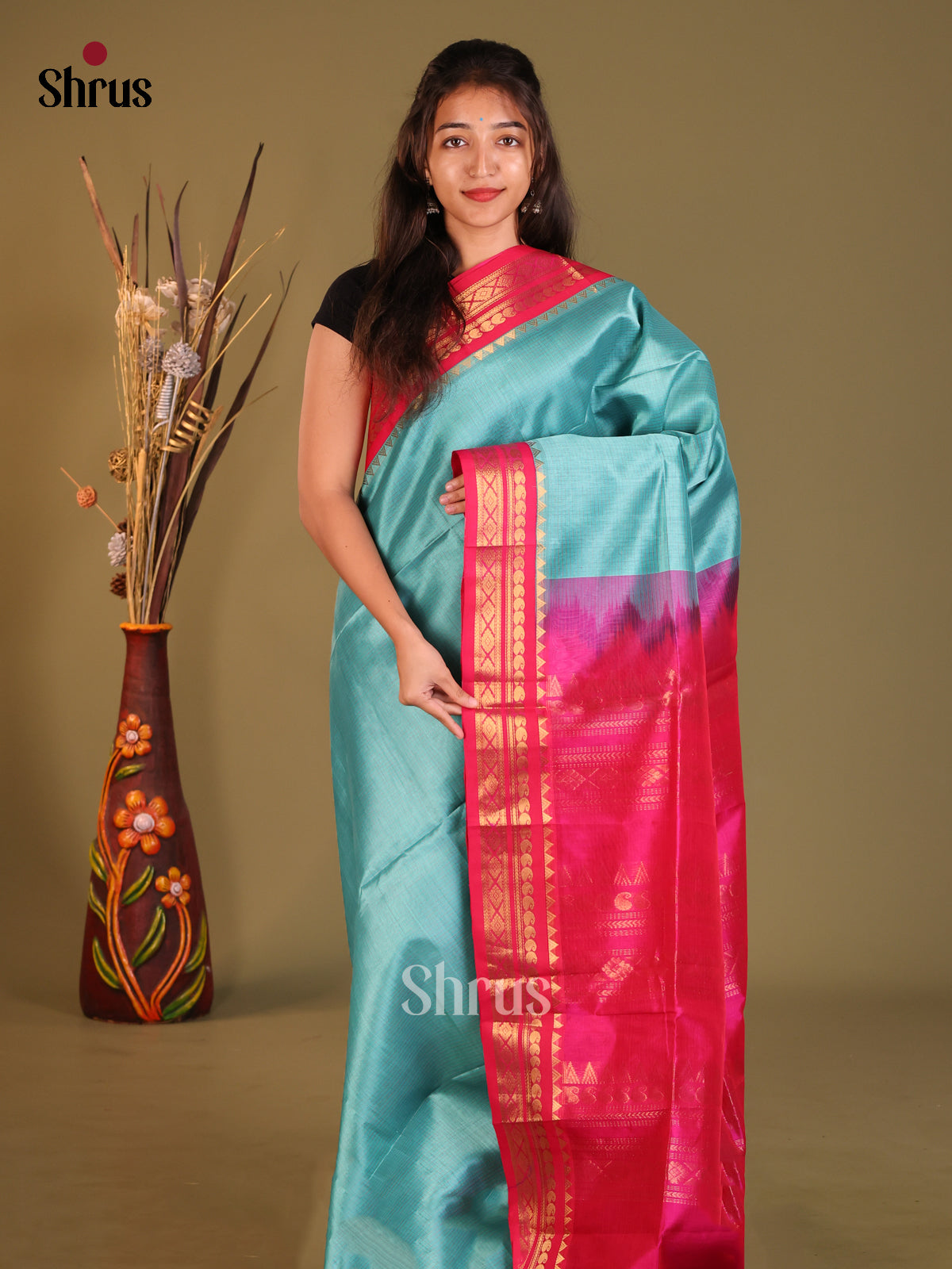 Blue & Pink Silk Cotton Korvai-kattams Saree