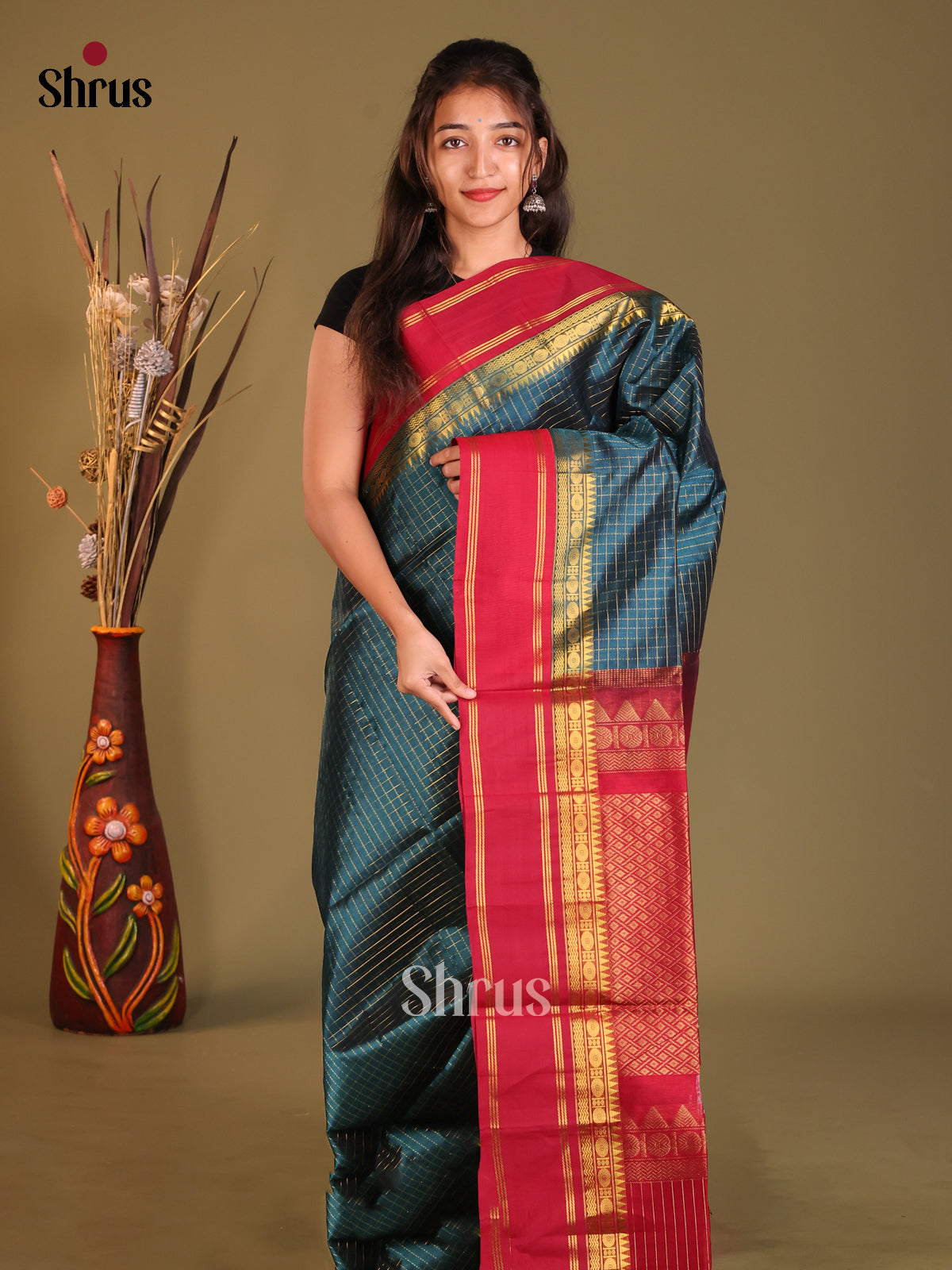 Blue & Red Silk Cotton Saree with zari kattam , rettaipet border