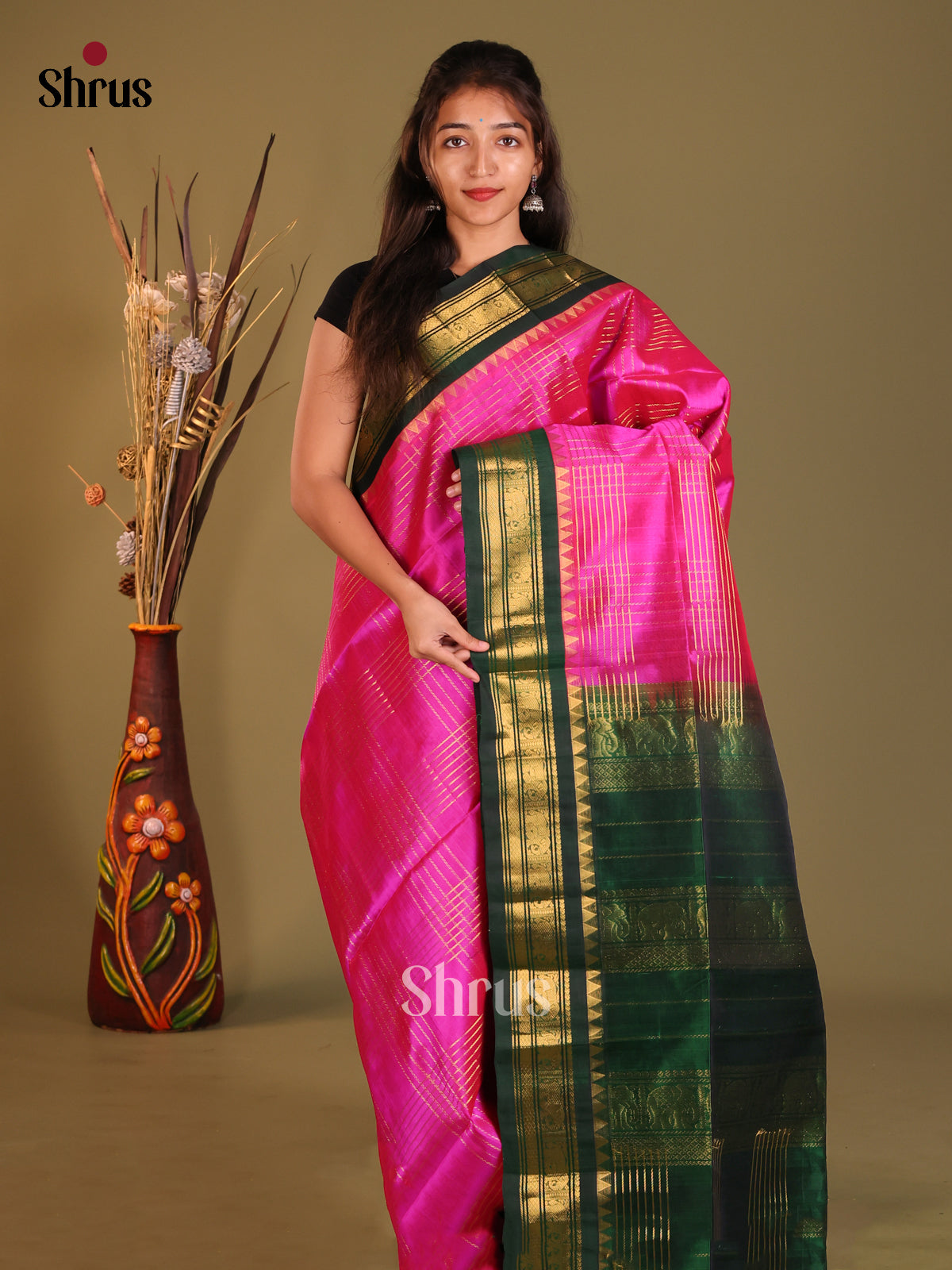 Pink & Green Silk Cotton Korvai-kattams Saree - Shop on Shrus.com