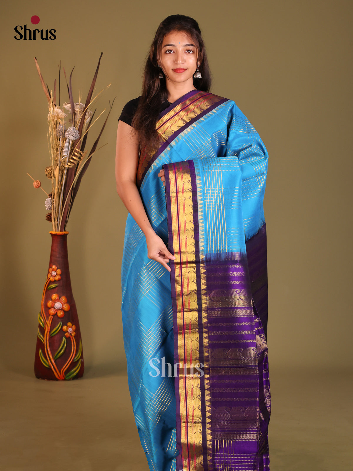 Blue & Violet Silk cotton Korvai-kattams Saree