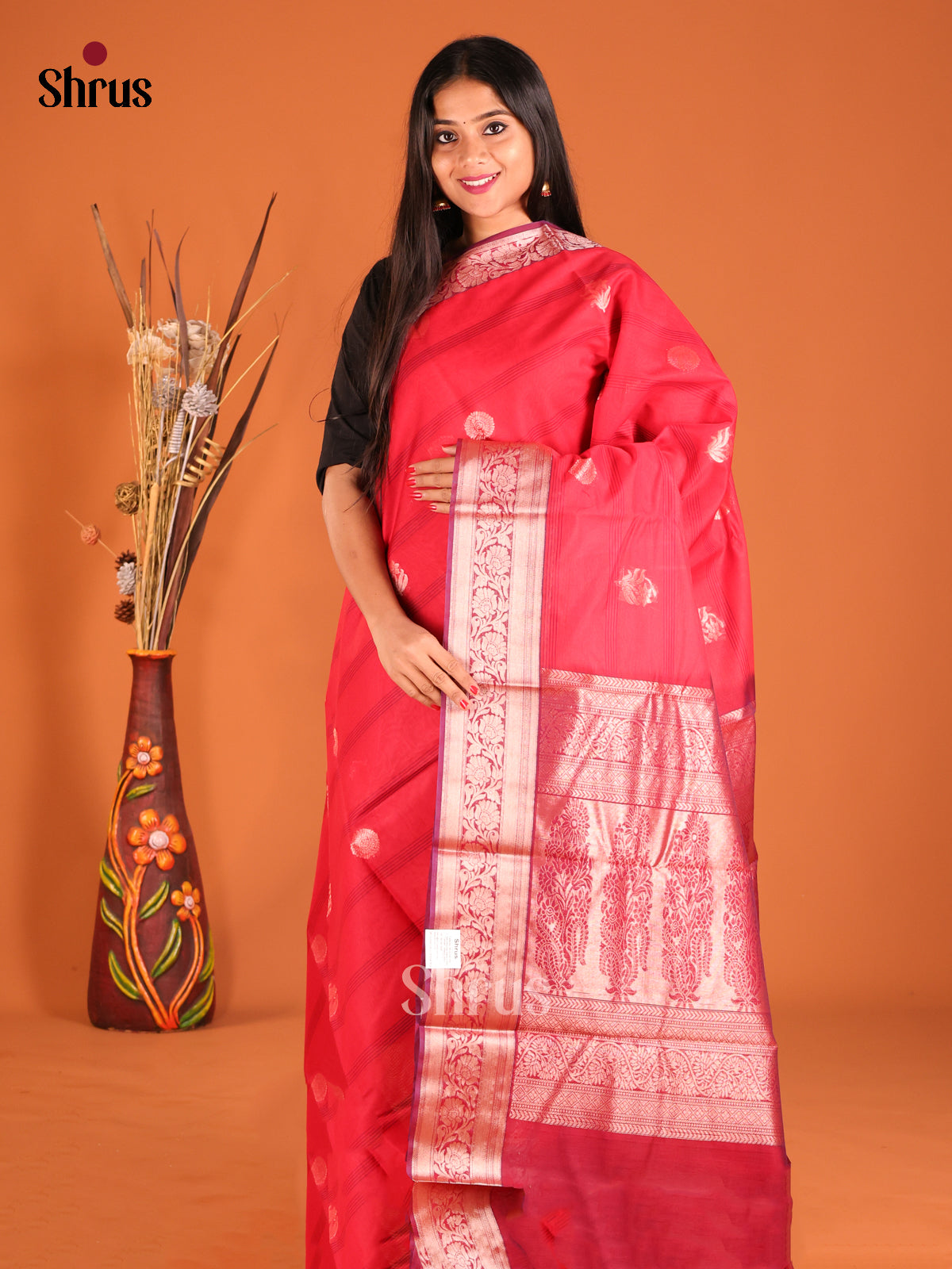 Red Silk Cotton Saree with rich traditional zari border