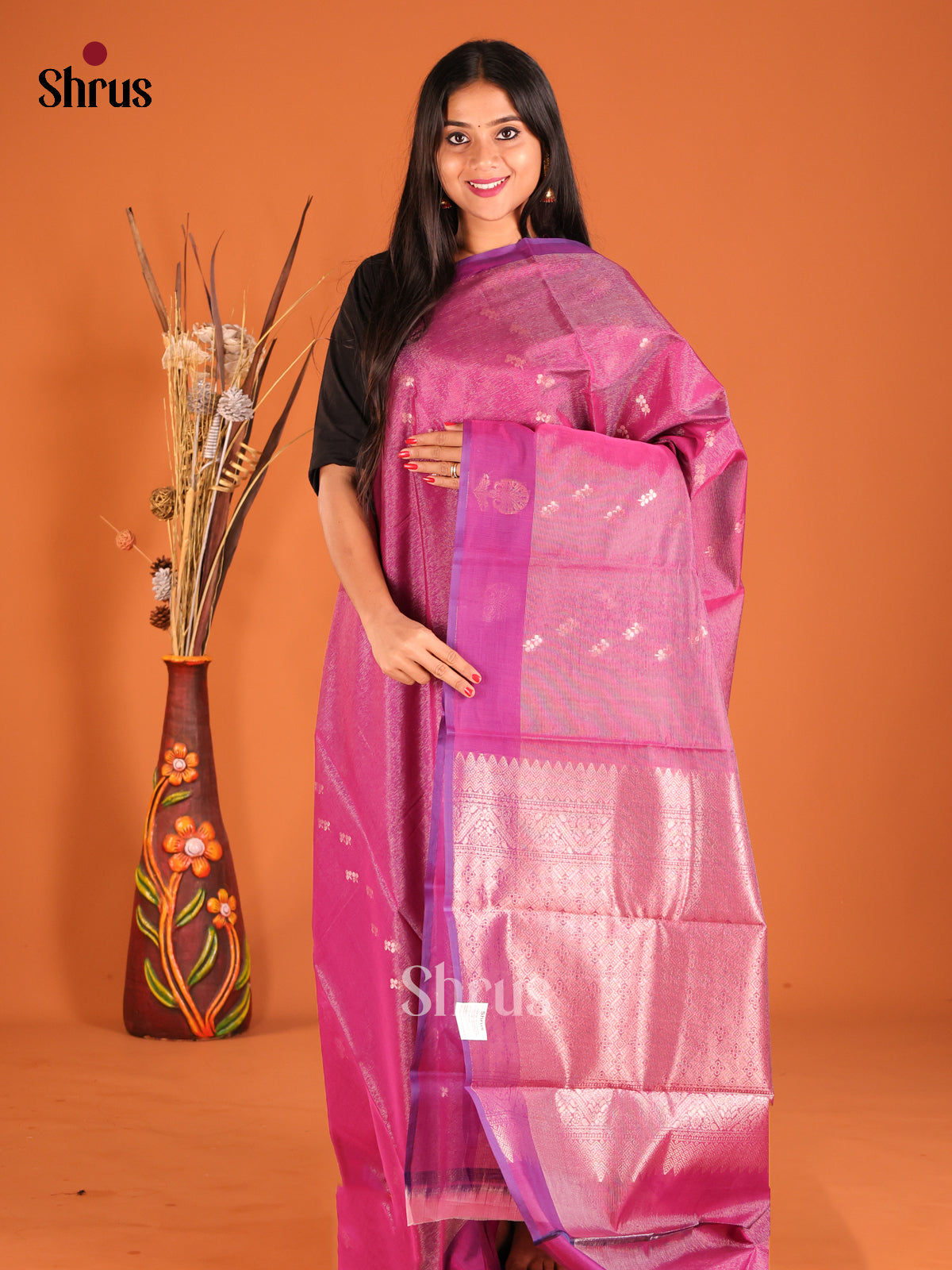 Purple Single Tone Silk Cotton Saree gleams with zari buttas