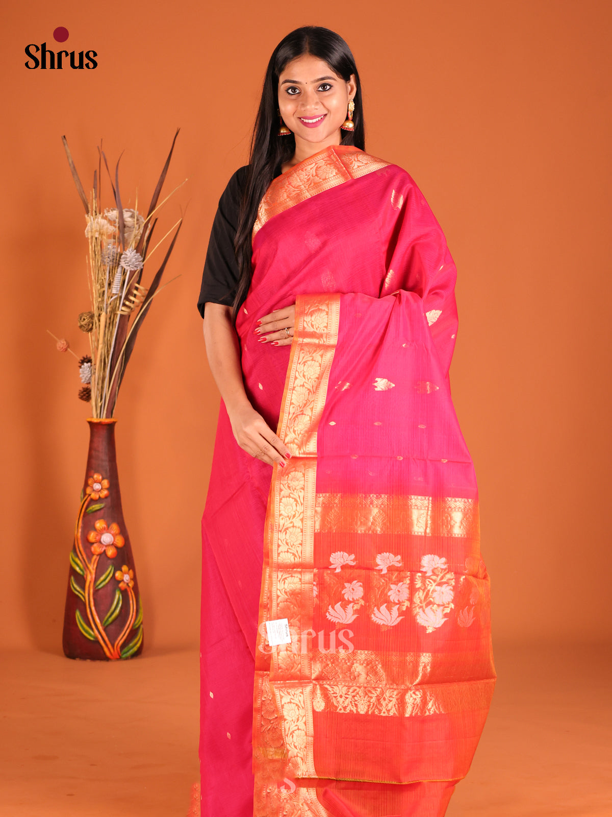 Pink & Orange Silk Cotton Saree with gold zari buttas