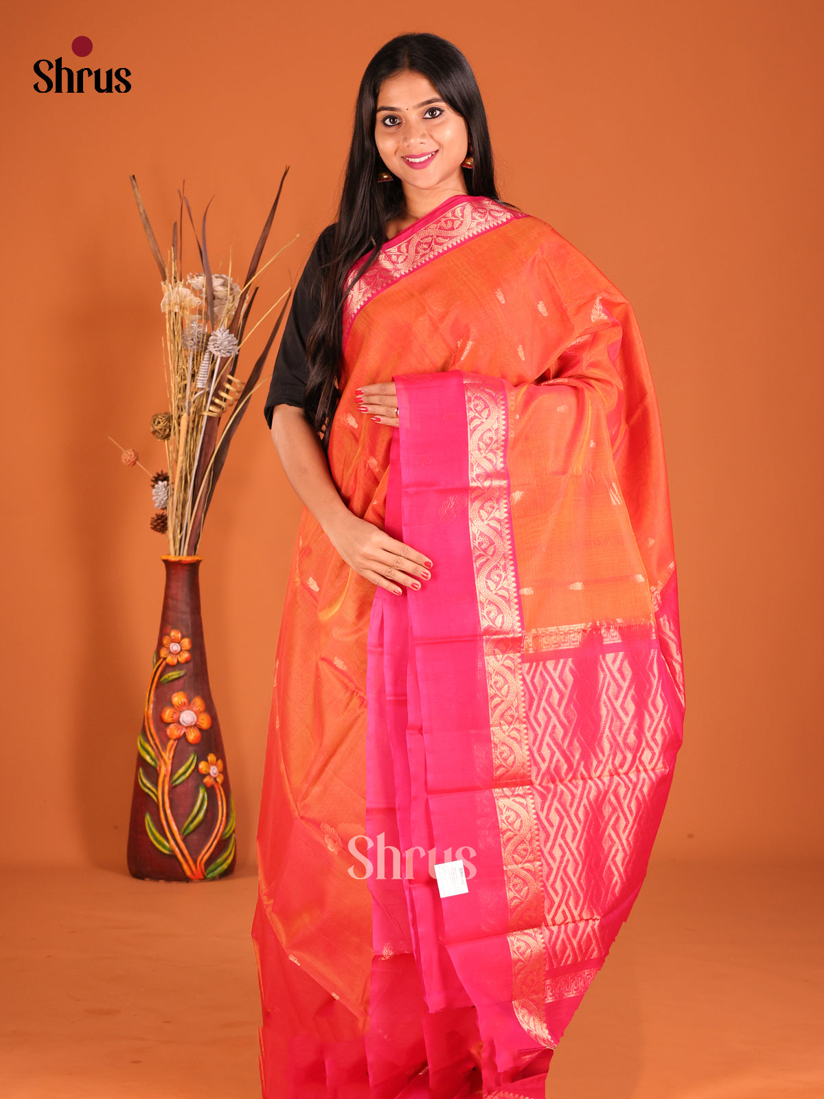 Orange & Pink Silk Cotton Saree with zari buttas