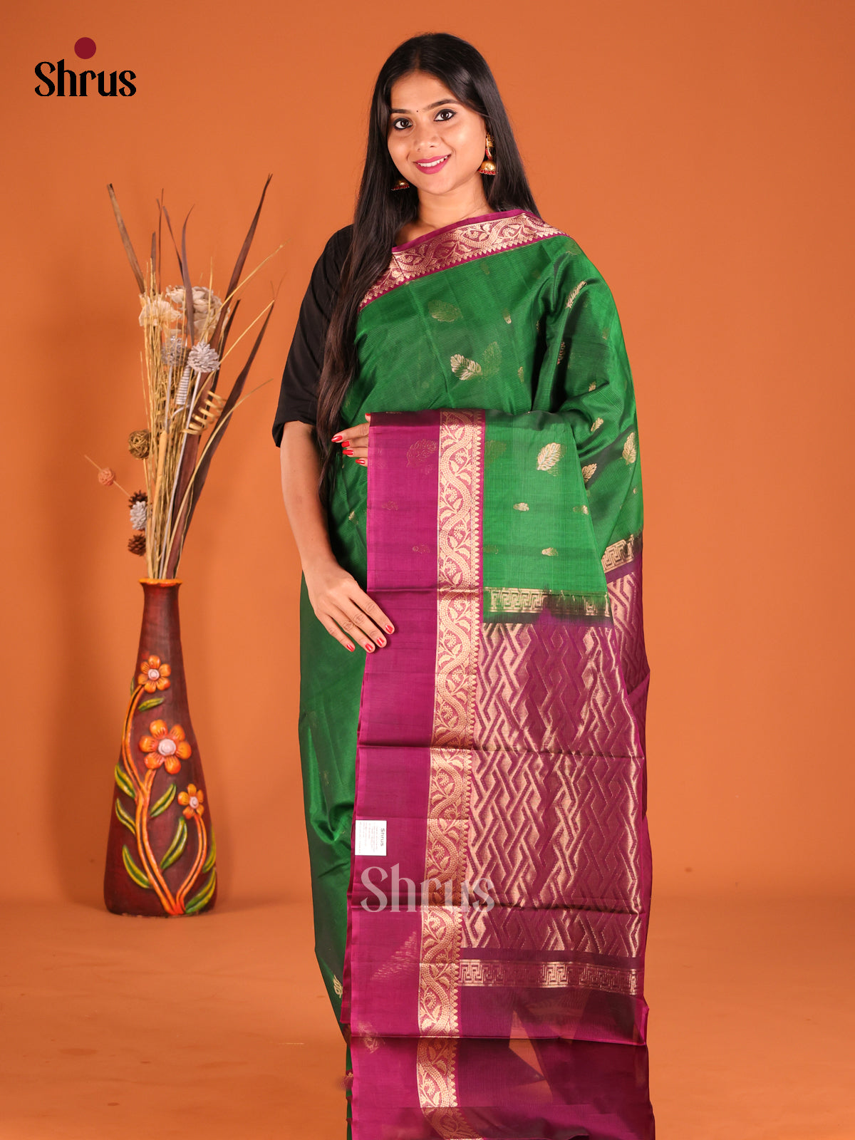 Green & Maroon Silk Cotton Saree with floral zari buttas