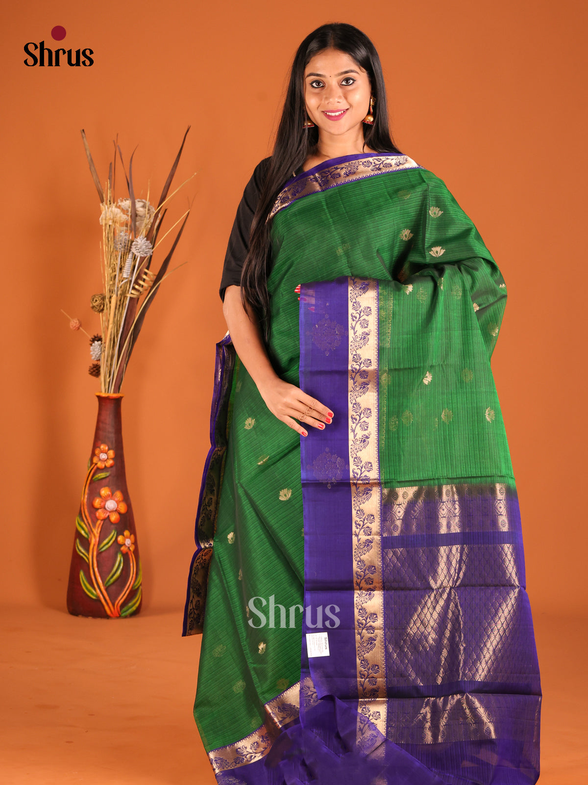 Green & Blue Silk Cotton Saree with zari floral buttas - Shop on Shrus.com