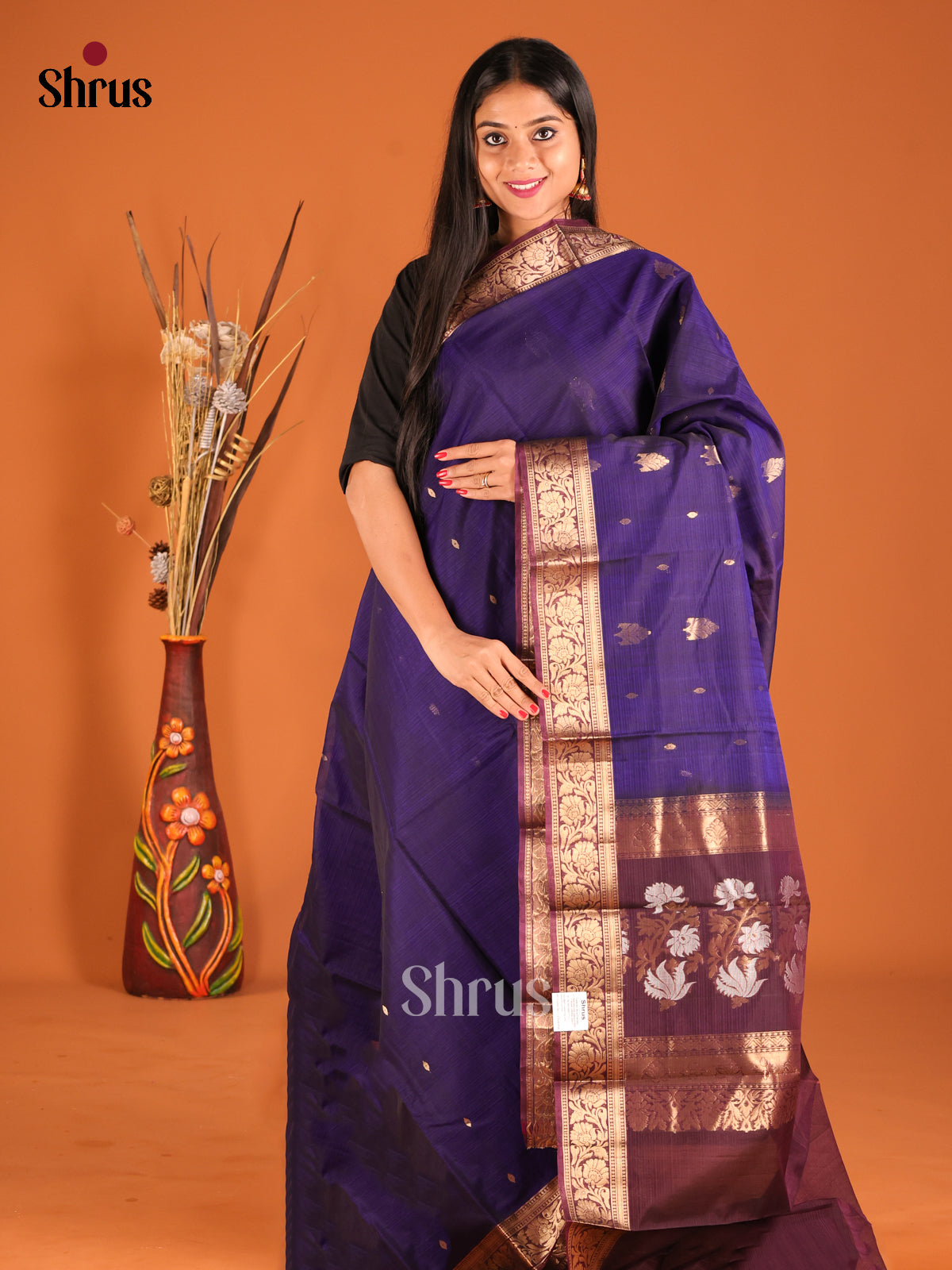 Blue & Brown Silk Cotton Saree with gold zari floral Buttas