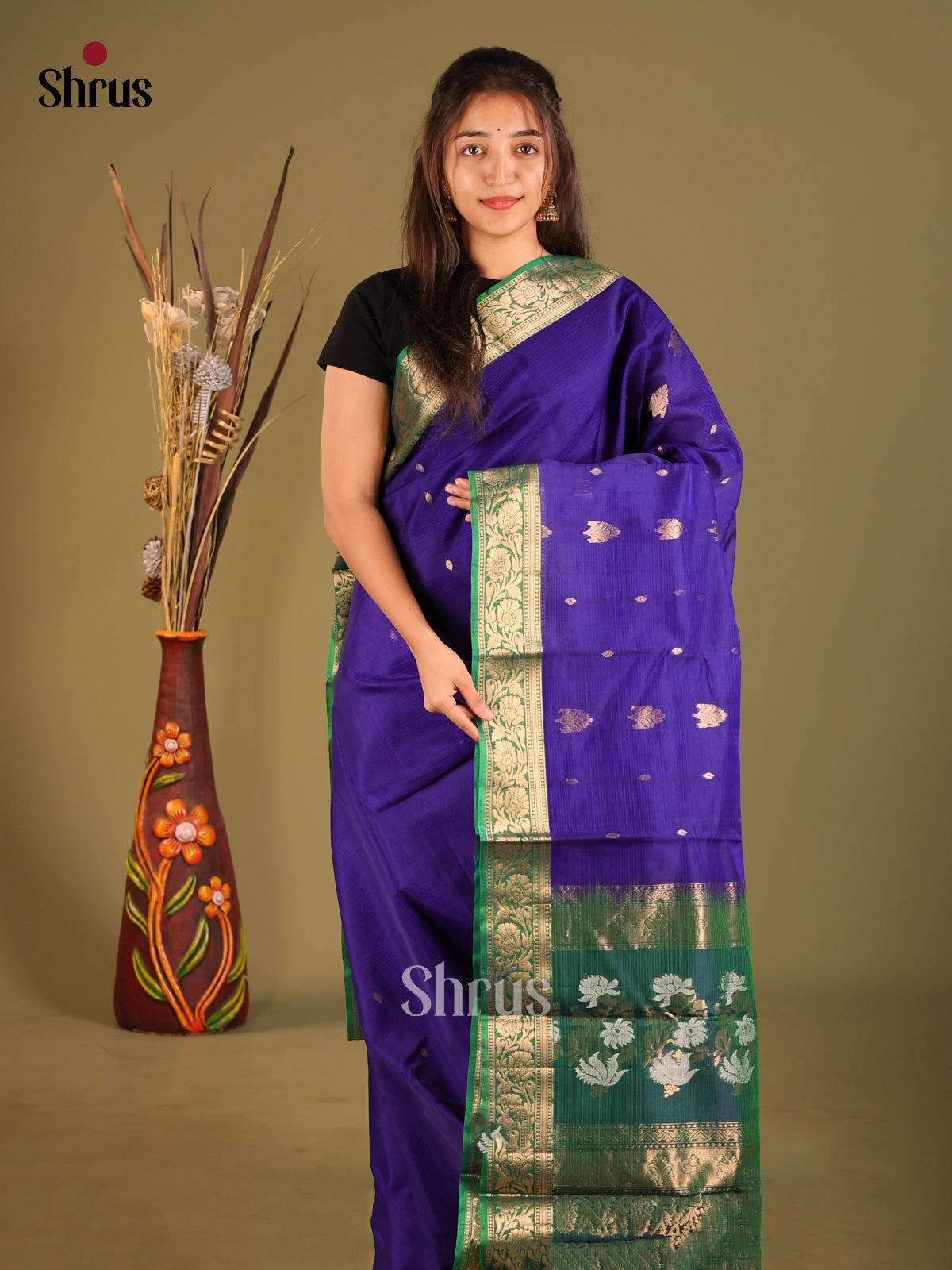 Blue & Green Silk Cotton Saree with gold Zari Buttas